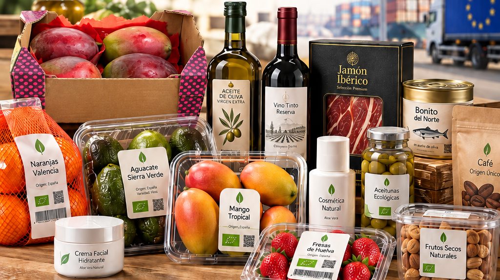 Productos envasados para exportar a Europa: fruta en cajas y bandejas, aceite, vino, conservas, cosmética y frutos secos